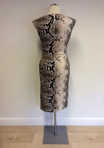 KAREN MILLEN CREAM & BROWN SNAKESKKIN PRINT PENCIL DRESS SIZE 10 - Whispers Dress Agency - Womens Dresses - 3