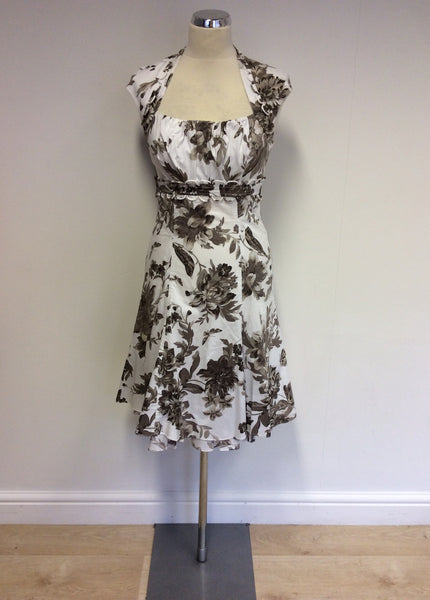 KAREN MILLEN BROWN & WHITE FLORAL PRINT COTTON DRESS SIZE 10 - Whispers Dress Agency - Womens Dresses - 1