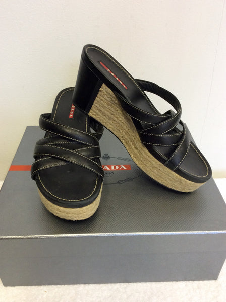 PRADA BLACK LEATHER WEDGE HEEL SLIP ON MULES SIZE 4/37 - Whispers Dress Agency - Womens Wedges - 1