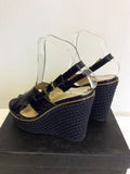 EMPORIO ARMANI DARK BLUE LEATHER WEDGE HEEL SANDALS SIZE 4/37 - Whispers Dress Agency - Womens Wedges - 4