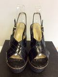 EMPORIO ARMANI DARK BLUE LEATHER WEDGE HEEL SANDALS SIZE 4/37 - Whispers Dress Agency - Womens Wedges - 2
