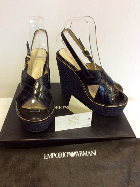 EMPORIO ARMANI DARK BLUE LEATHER WEDGE HEEL SANDALS SIZE 4/37 - Whispers Dress Agency - Womens Wedges - 1