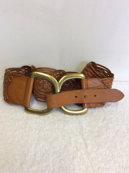 LINEA PELLE TAN PLAITED BRASS D RING FASTEN WIDE BELT SIZE L