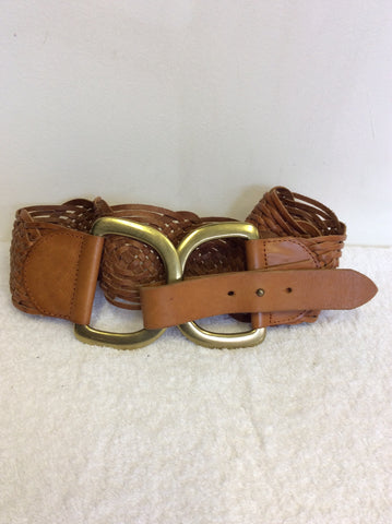 LINEA PELLE TAN PLAITED BRASS D RING FASTEN WIDE BELT SIZE L