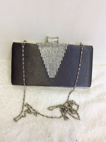 LOVE FOREVER DARK GREY & DIAMANTE TRIM CLUTCH/ SHOULDER EVENING BAG