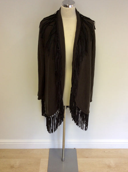 MARCCAIN BROWN & BLACK FRINGING WOOL & CASHMNERE CARDIGAN SIZE N5 UK XL