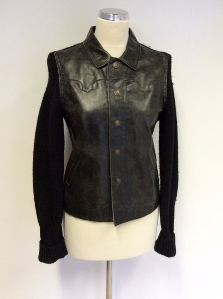 EARL JEANS DARK BROWN LEATHER FRONT & BLACK KNIT CARDIGAN/ JACKET SIZE M