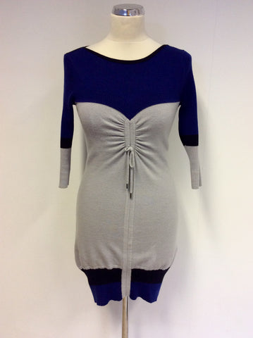 KAREN MILLEN BLUE,BLACK & GREY KNIT DRESS SIZE 2 UK 8/10