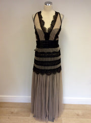 DESIGNER ALEX & CLAUDE BLACK & NUDE NET OVERLAY LONG EVENING DRESS SIZE 18