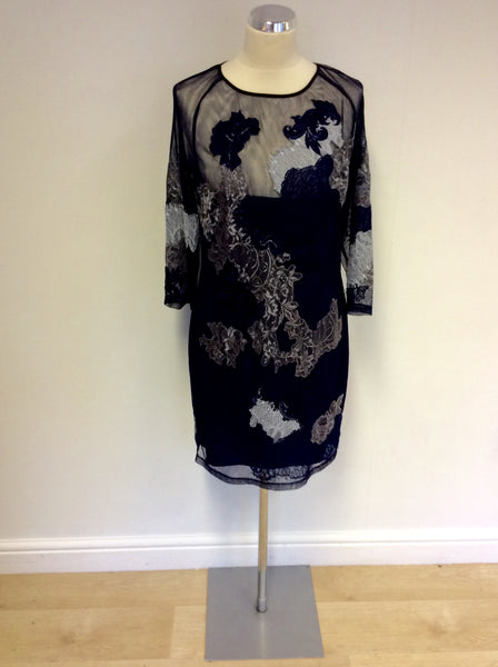 KAREN MILLEN DARK BLUE & GREY LACE TRIM DRESS SIZE 14