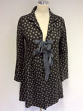 AVOCA DARK GREY PRINT TIE FRONT JACKET COAT SIZE 2 UK 12