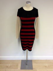 KAREN MILLEN BLACK,RED & BEIGE STRETCH FINE KNIT DRESS SIZE 2 UK 8/10