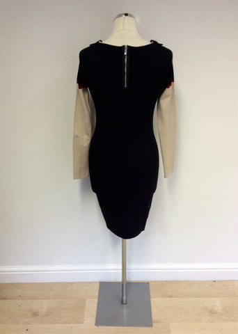 KAREN MILLEN BLACK,RED & BEIGE STRETCH FINE KNIT DRESS SIZE 2 UK 8/10