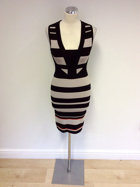 KAREN MILLEN BLACK & GREY STRIPE STRETCH BODYCON DRESS SIZE 1 UK 6/8