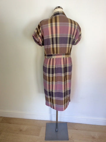 Jaeger Pinks & Purples Check Cotton Button Front Cap Sleeve Dress Size 12