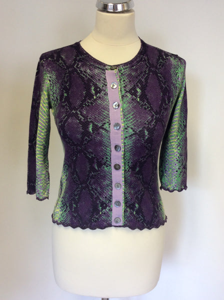 KAREN MILLEN PURPLE,GREEN & YELLOW SNAKESKIN PRINT CARDIGAN SIZE 3 UK 12