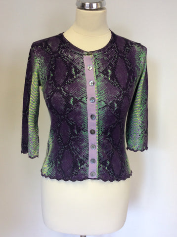 KAREN MILLEN PURPLE,GREEN & YELLOW SNAKESKIN PRINT CARDIGAN SIZE 3 UK 12
