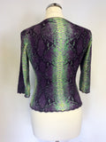 KAREN MILLEN PURPLE,GREEN & YELLOW SNAKESKIN PRINT CARDIGAN SIZE 3 UK 12