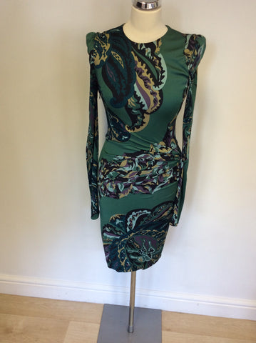 EMILIO PUCCI GREEN PRINT LONG SLEEVE DRESS SIZE 8