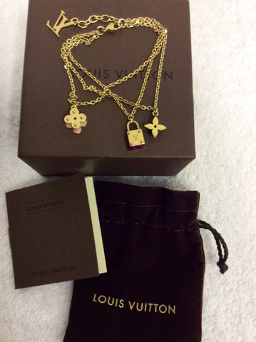 LOUIS VUITTON GOLD 3 STRAND FLOWER & PADLOCK SWEET CHARM BRACELET