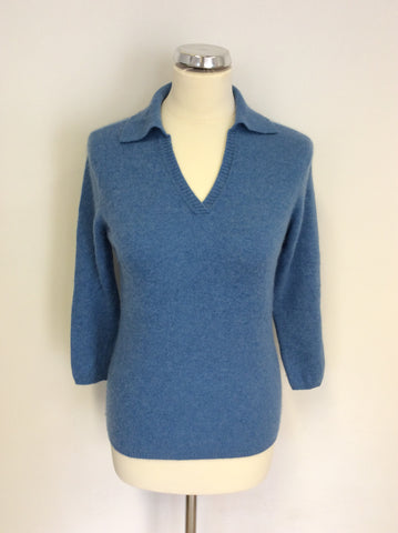 100% 2 PLY TURQOUISE CASHMERE COLLARED V NECK JUMPER SIZE M
