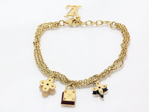 LOUIS VUITTON GOLD 3 STRAND FLOWER & PADLOCK SWEET CHARM BRACELET