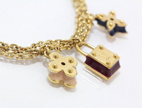 LOUIS VUITTON GOLD 3 STRAND FLOWER & PADLOCK SWEET CHARM BRACELET
