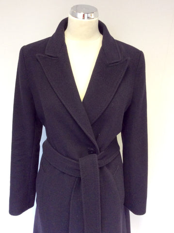 HOBBS DARK BLUE WOOL BLEND BELTED COAT SIZE 14