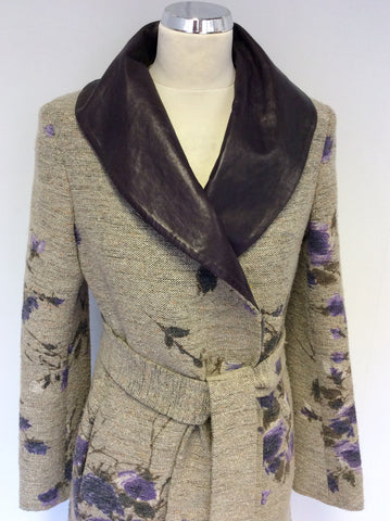MULBERRY NATURAL WEAVE & PURPLE FLORAL LEATHER COLLAR BELTED COAT SIZE 10