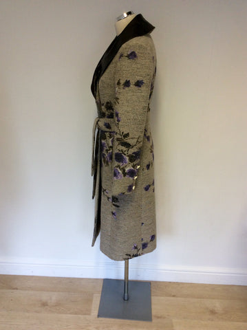 MULBERRY NATURAL WEAVE & PURPLE FLORAL LEATHER COLLAR BELTED COAT SIZE 10