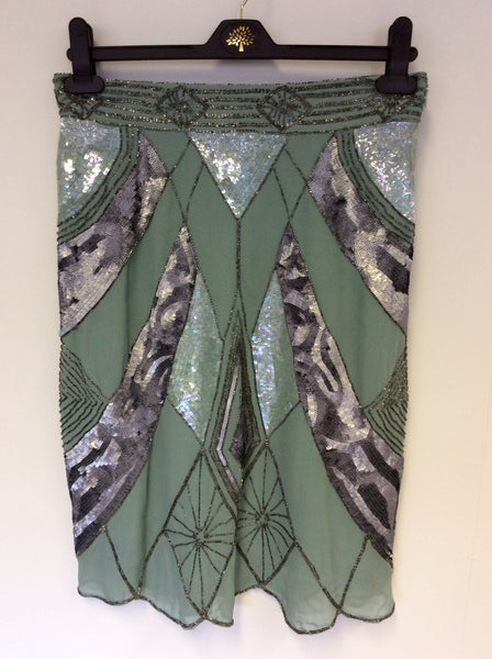 WHISTLES GREEN & SILVER GREY SEQUINED KNEE LENGTH SKIRT SIZE 8