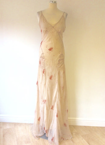 MULBERRY NUDE & APRICOT PRINT SILK LONG STRAPPY DRESS SIZE 10