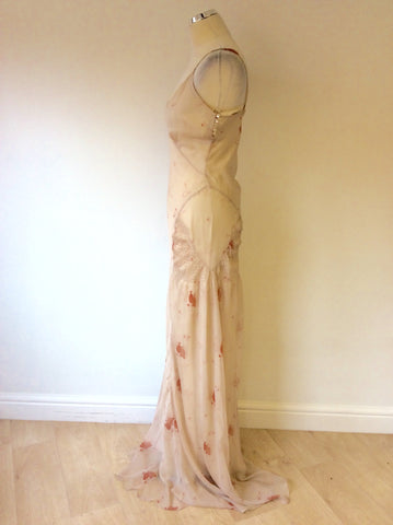 MULBERRY NUDE & APRICOT PRINT SILK LONG STRAPPY DRESS SIZE 10