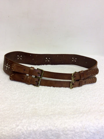 JIGSAW BROWN LEATHER STUDDED DOUBLE BUCKLE BELT SIZE M