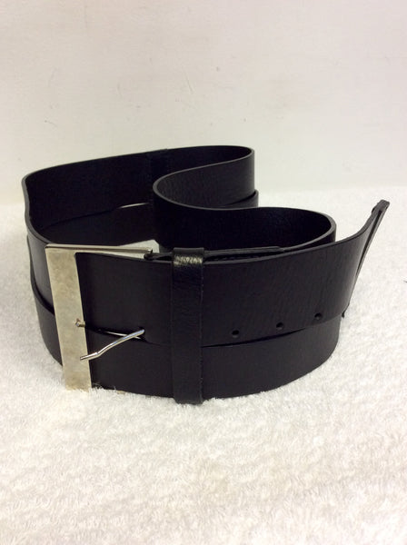 HOBBS WIDE BLACK LEATHER 2 STRAP SILVER BUCKLE BELT SIZE L