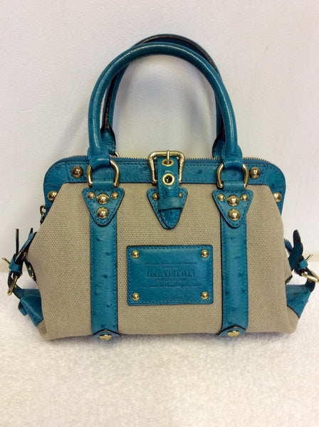LIMITED EDITION LOUIS VUITTON SAC DE NUIT TURQOUISE OSTRICH LEATHER & BEIGE CANVAS TOP HANDLE BAG