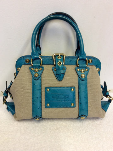 LIMITED EDITION LOUIS VUITTON SAC DE NUIT TURQOUISE OSTRICH LEATHER & BEIGE CANVAS TOP HANDLE BAG