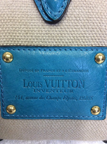 LIMITED EDITION LOUIS VUITTON SAC DE NUIT TURQOUISE OSTRICH LEATHER & BEIGE CANVAS TOP HANDLE BAG