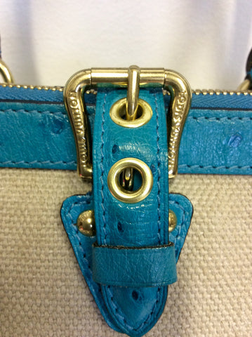 LIMITED EDITION LOUIS VUITTON SAC DE NUIT TURQOUISE OSTRICH LEATHER & BEIGE CANVAS TOP HANDLE BAG