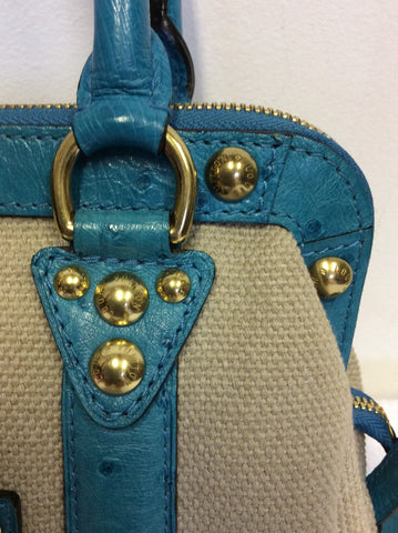 LIMITED EDITION LOUIS VUITTON SAC DE NUIT TURQOUISE OSTRICH LEATHER & BEIGE CANVAS TOP HANDLE BAG