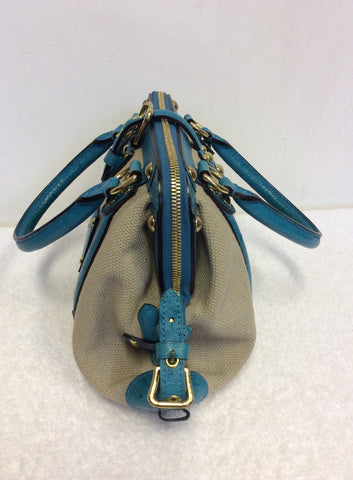 LIMITED EDITION LOUIS VUITTON SAC DE NUIT TURQOUISE OSTRICH LEATHER & BEIGE CANVAS TOP HANDLE BAG