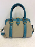 LIMITED EDITION LOUIS VUITTON SAC DE NUIT TURQOUISE OSTRICH LEATHER & BEIGE CANVAS TOP HANDLE BAG