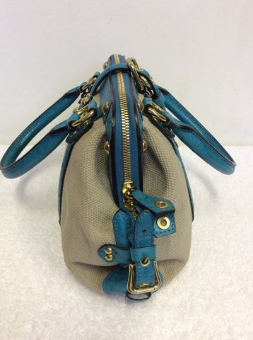 LIMITED EDITION LOUIS VUITTON SAC DE NUIT TURQOUISE OSTRICH LEATHER & BEIGE CANVAS TOP HANDLE BAG