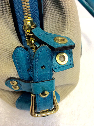 LIMITED EDITION LOUIS VUITTON SAC DE NUIT TURQOUISE OSTRICH LEATHER & BEIGE CANVAS TOP HANDLE BAG