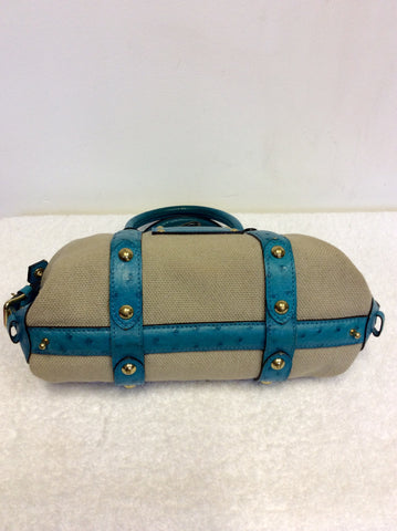 LIMITED EDITION LOUIS VUITTON SAC DE NUIT TURQOUISE OSTRICH LEATHER & BEIGE CANVAS TOP HANDLE BAG