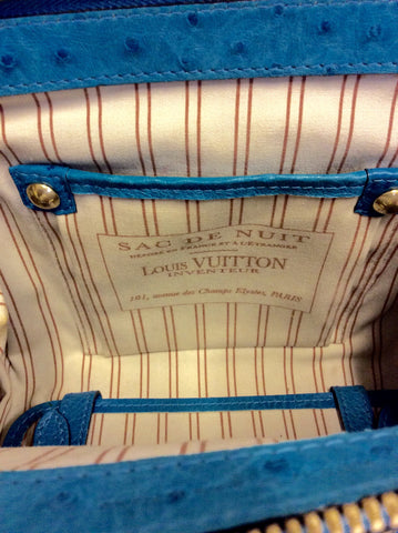 LIMITED EDITION LOUIS VUITTON SAC DE NUIT TURQOUISE OSTRICH LEATHER & BEIGE CANVAS TOP HANDLE BAG