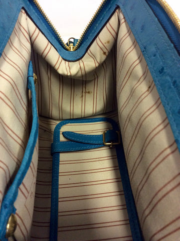 LIMITED EDITION LOUIS VUITTON SAC DE NUIT TURQOUISE OSTRICH LEATHER & BEIGE CANVAS TOP HANDLE BAG