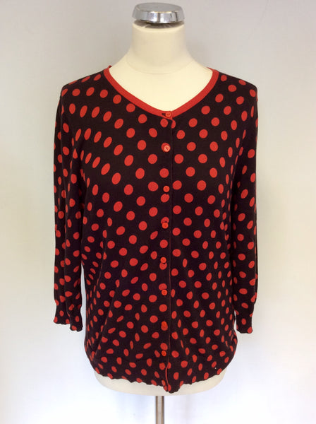 HOBBS DARK BROWN & RED SPOT COTTON CARDIGAN SIZE 16