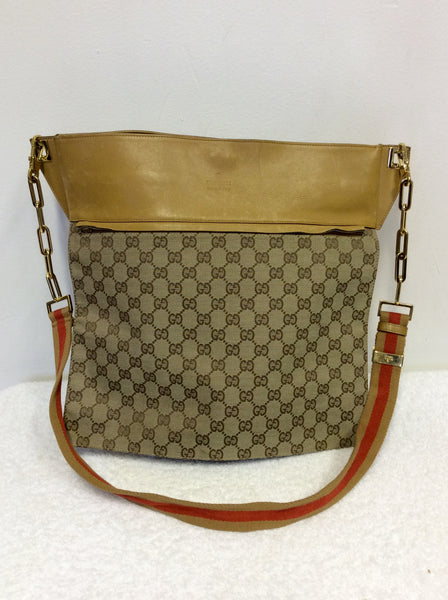 GUCCI CAMEL LEATHER & CANVAS MONOGRAM CROSS BODY/ SHOULDER BAG