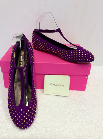 BRAND NEW MULBERRY PLUM GOLD STUUDED T BAR SUEDE FLATS SIZE 6/39